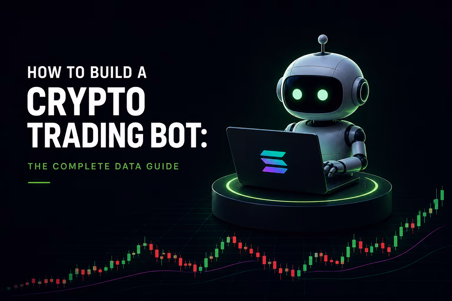 Dark futuristic banner for “How to Build a Market-Watching Bot on the Elgon API,” showing a friendly robot using a laptop, set above a neon candlestick chart.