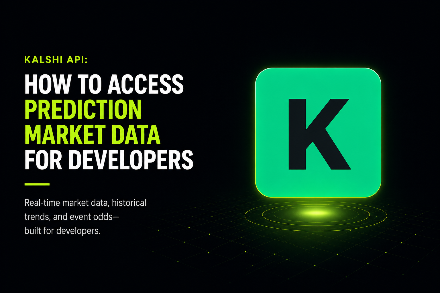 Dark banner showing the Kalshi logo beside structured prediction market data cards: event probabilities, windowed volume stats, and a cross-venue comparison with Polymarket.