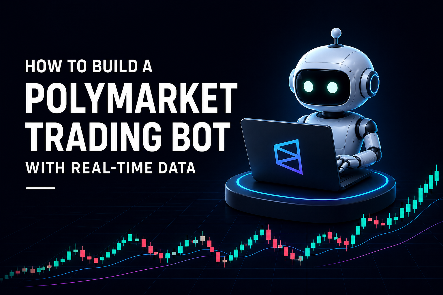 Dark futuristic banner for “How to Build a Prediction-Market Watcher on the Elgon API,” showing a friendly robot using a laptop above a colorful chart.